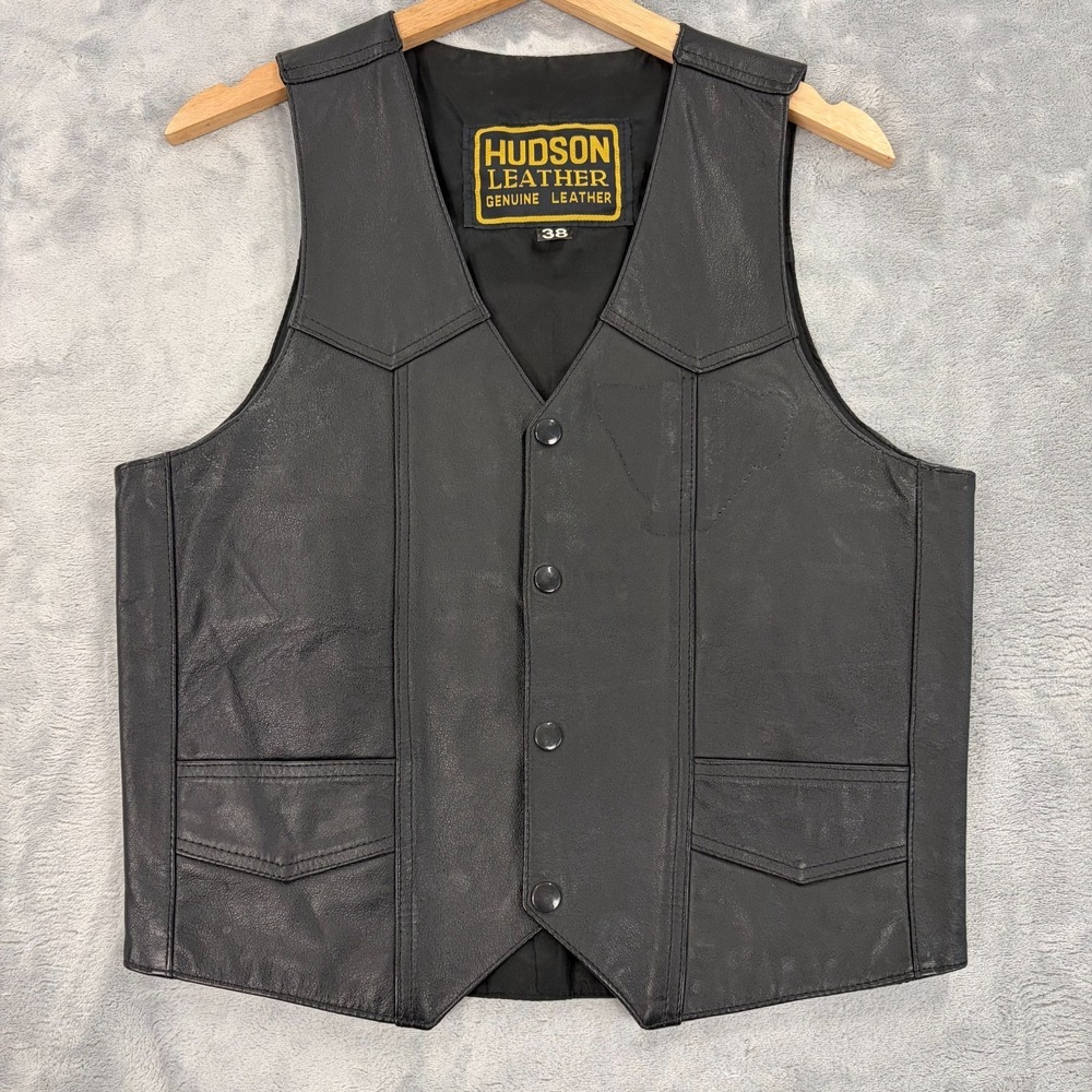 Hudson Leather Mens Size 38 Black Sleeveless V-Neck Snap Front Motorcycle Vest